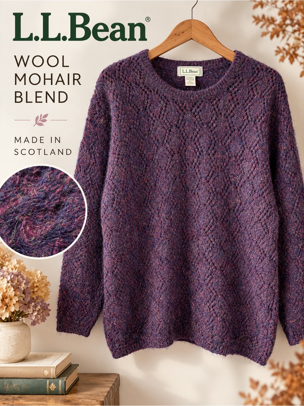 L.L.Bean Vintage Wool Mohair Women's Sweater Purple Size L Made in Scotland
